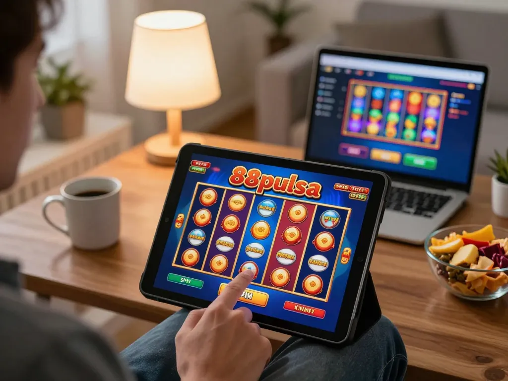Engaging moment with 88pulsa slot gameplay on a tablet, showcasing an exciting at-home casino experience.