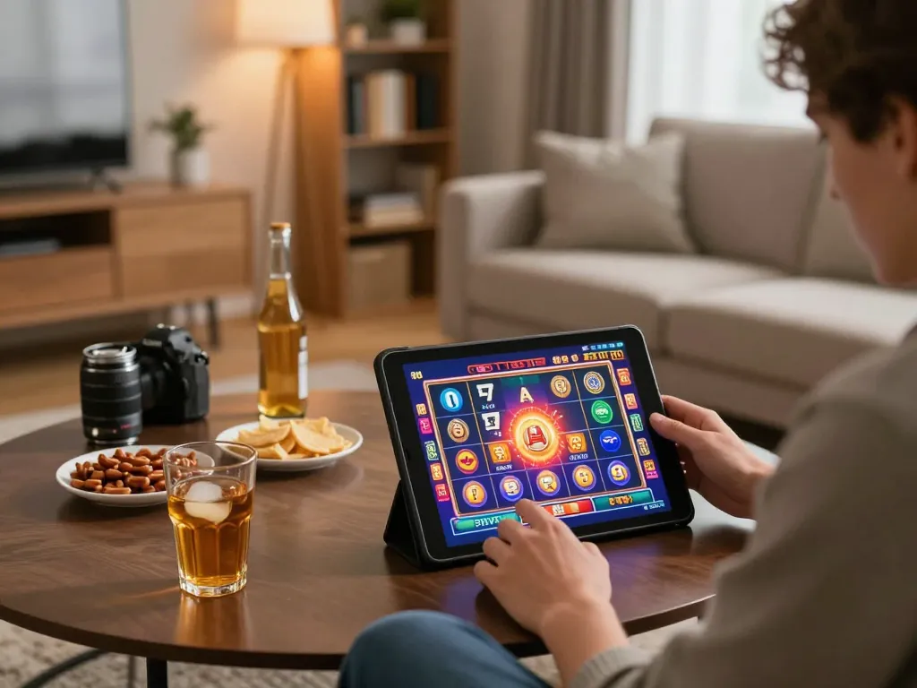 Player enjoying F8BET online slots in a cozy home setting with snacks and winning screen.