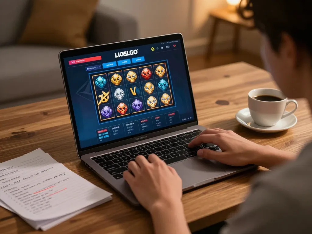 Engaging with LIGALGO demo slots on a sleek laptop in a comfortable gaming environment.