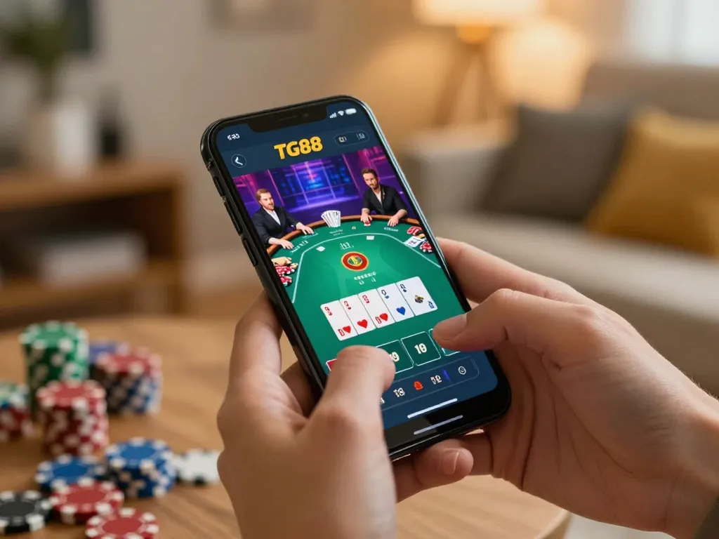 Engaging gameplay on the TG88 app showcases mobile gambling excitement in a cozy setting.