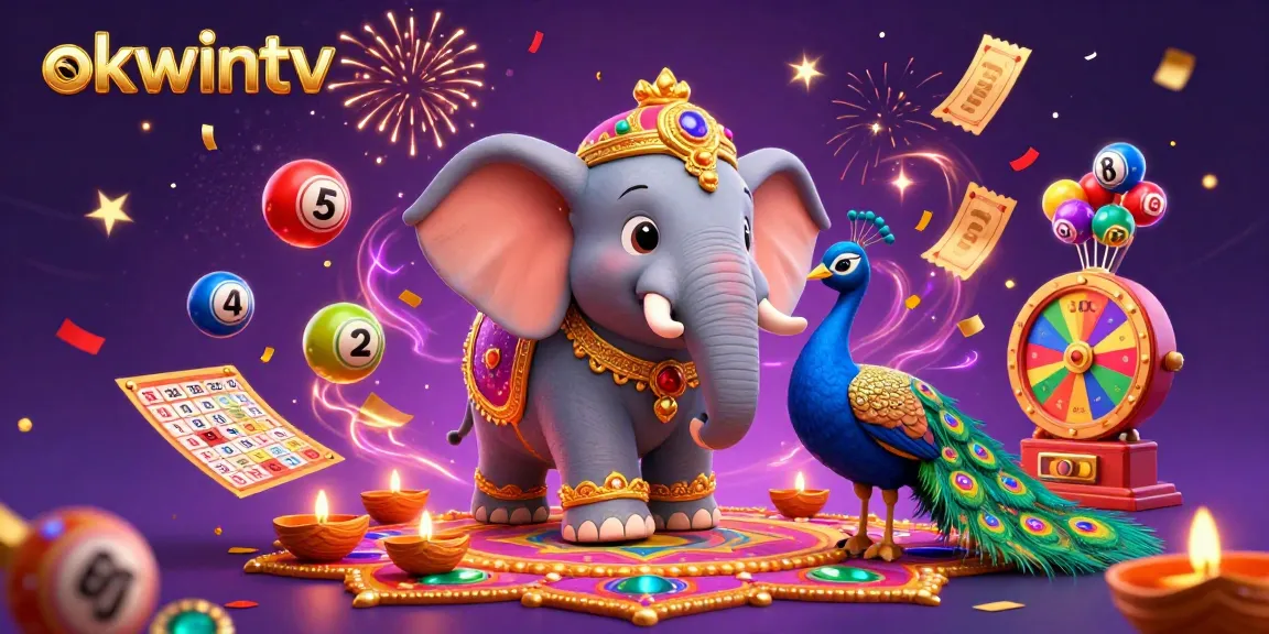 Watch thrilling games on okwintv with a vibrant illustration showcasing colorful lottery balls and prizes.