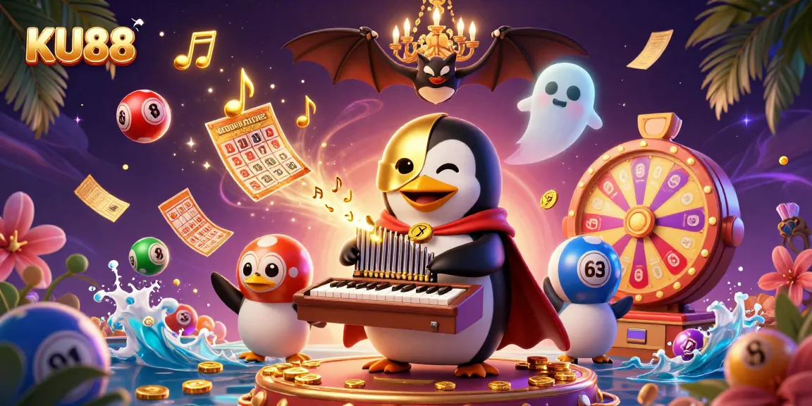 KU88 showcases a whimsical casino scene with dynamic lottery elements and a charming penguin.