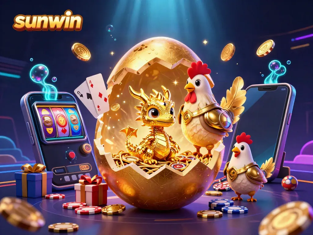 Engage in sunwin's vibrant gaming thrill with golden dragon, chips, and exciting casino elements.