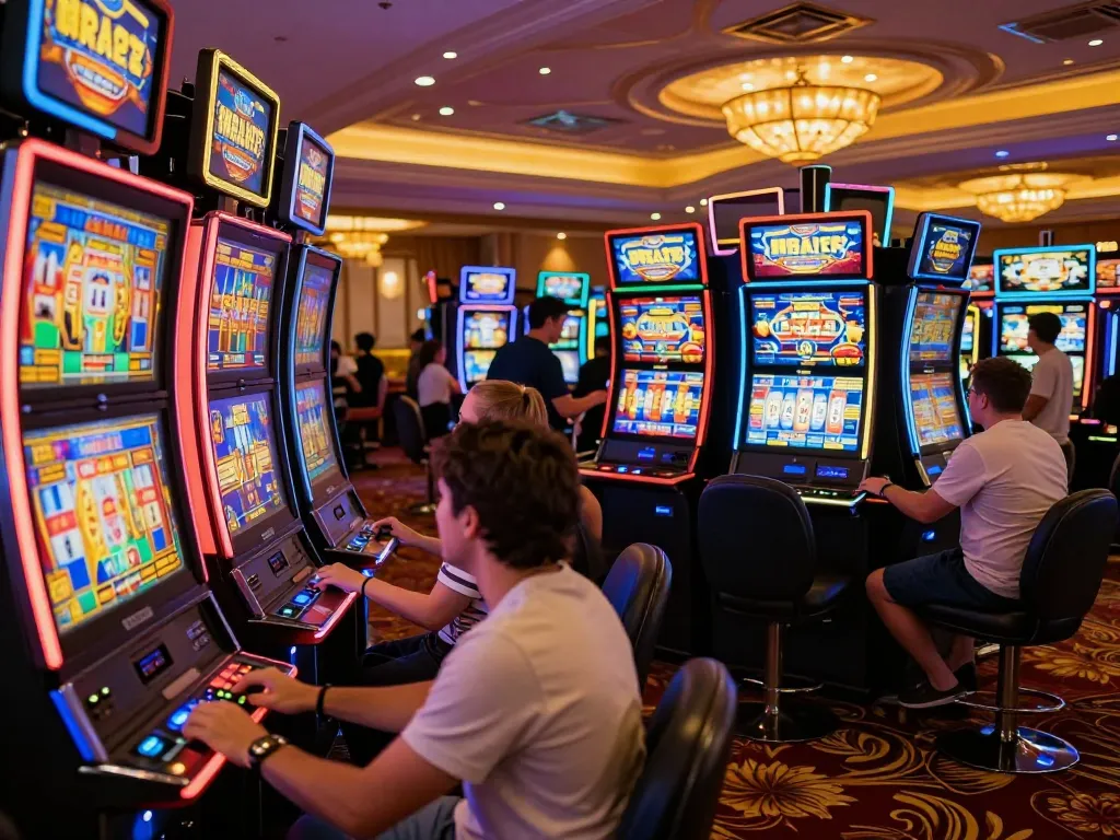 Engaged players spinning reels at a situs slot area in a vibrant casino setting.