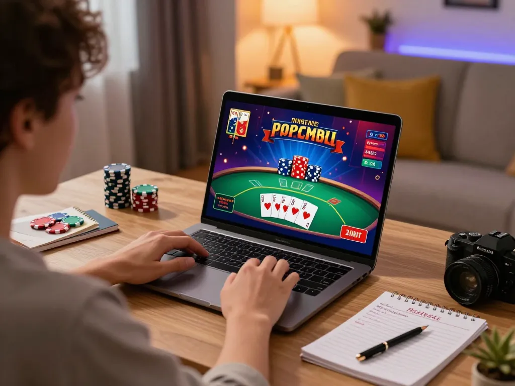 Player enjoying n188 online games on a laptop with visual display of poker action, showcasing engaging gambling experience