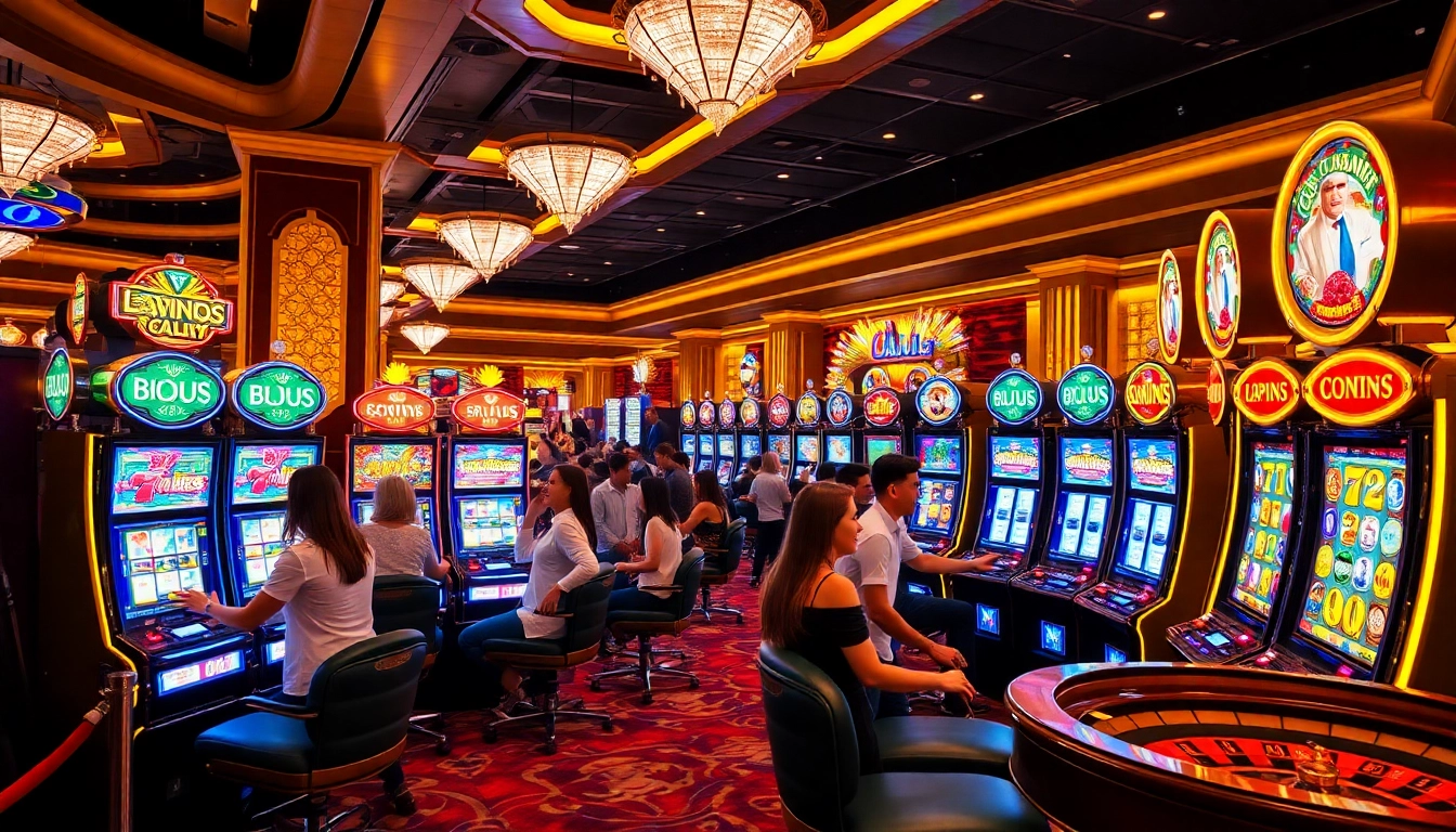 Players enjoy thrilling slot machines in a vibrant casino atmosphere.
