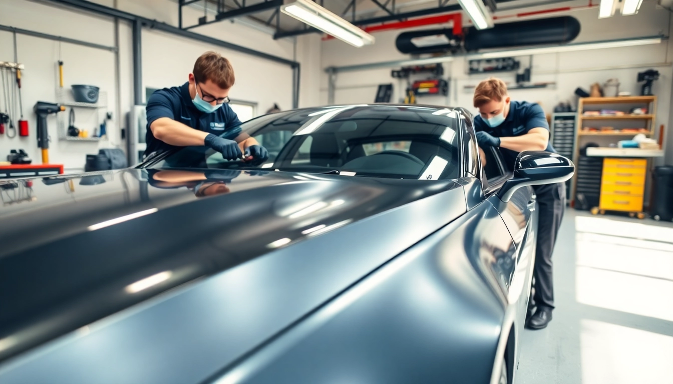 Applying paint protection film near me to a sleek vehicle in a professional workshop setting.