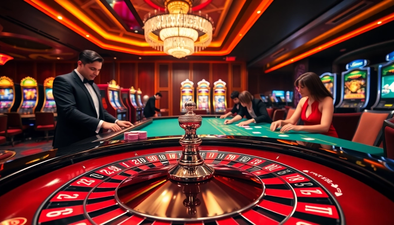 The excitement of RR88's casino environment with roulette, poker, and slot machines captivating players.