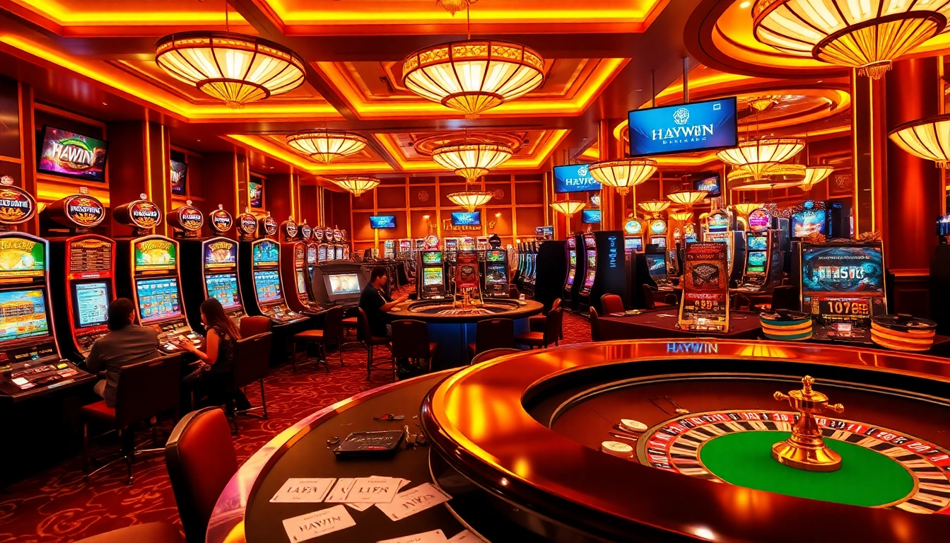 Experience the excitement of HAY.WIN at a luxurious casino, featuring engaging gaming tables and vibrant players.