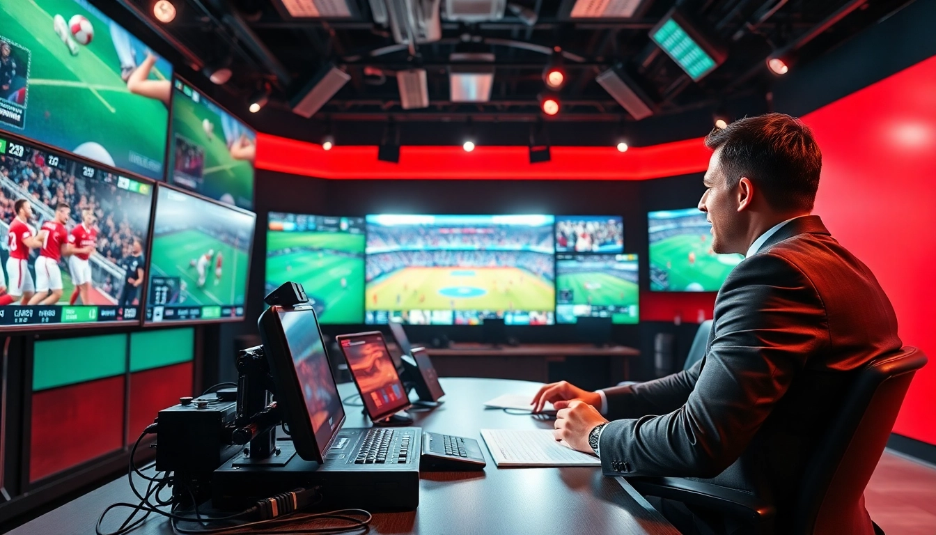 Engaging scene of Sports Broadcasting host with vibrant screens showcasing live events.