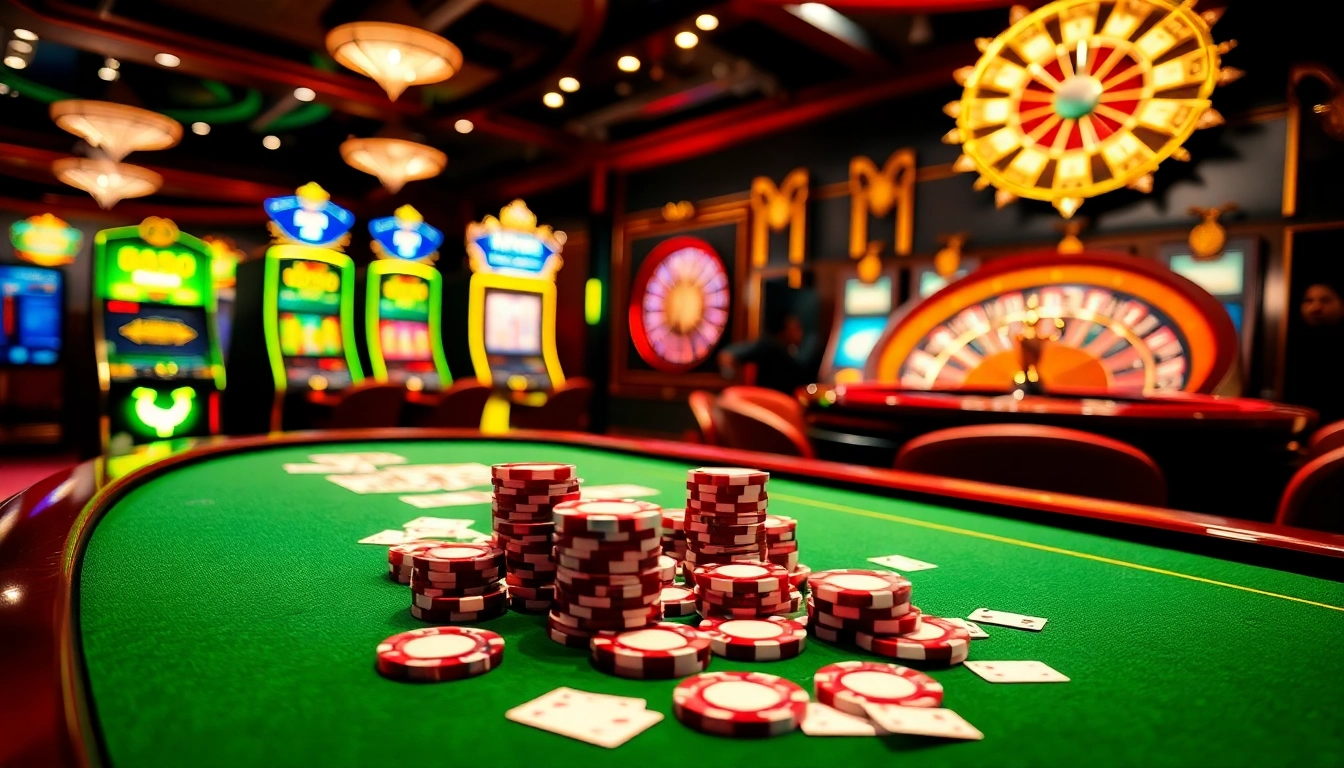 Engaging bk88 casino scene with vibrant tables, cards, and slot machines delivering high-energy excitement.