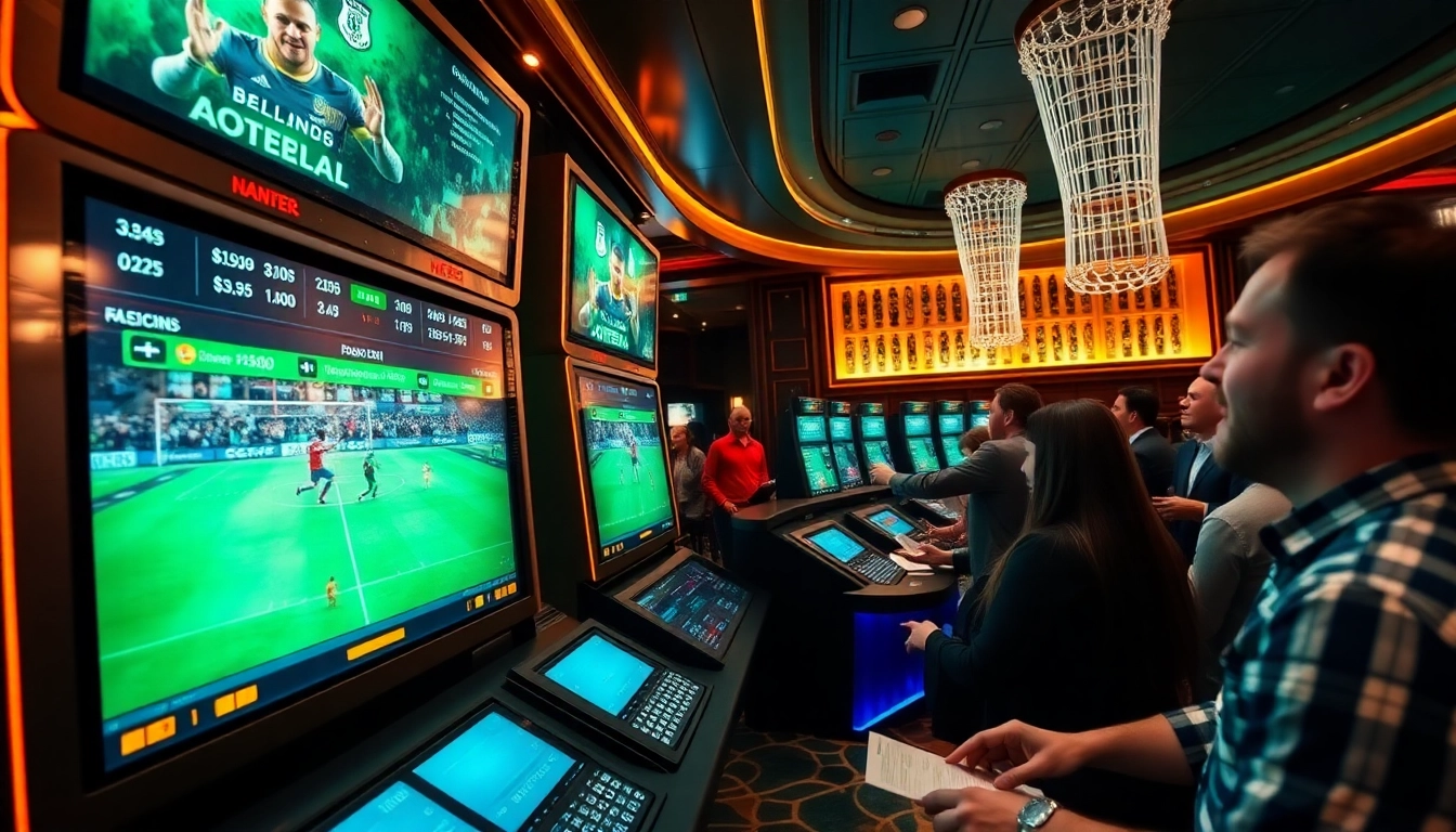 Experience the excitement of betting with a high-end visual showcasing แทงบอลยังไง in a luxury casino setting, emphasizing live sports betting.