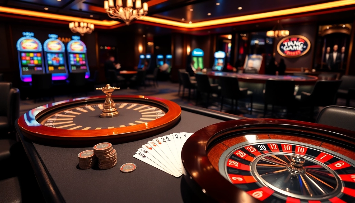 Experience thrilling TRANG GAME B8 action at a luxurious casino table with poker chips and cards.