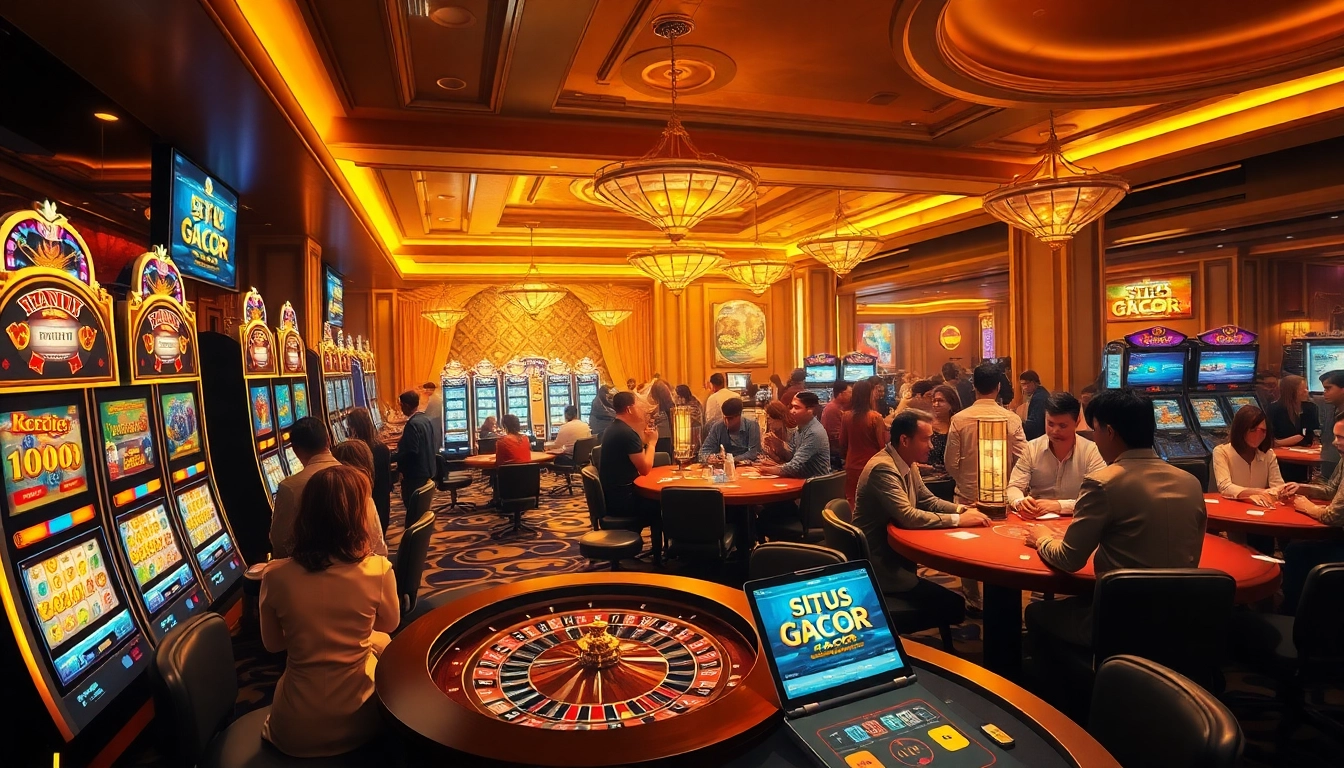 Players enjoying games at a situs gacor casino with vibrant slot machines and roulette tables.
