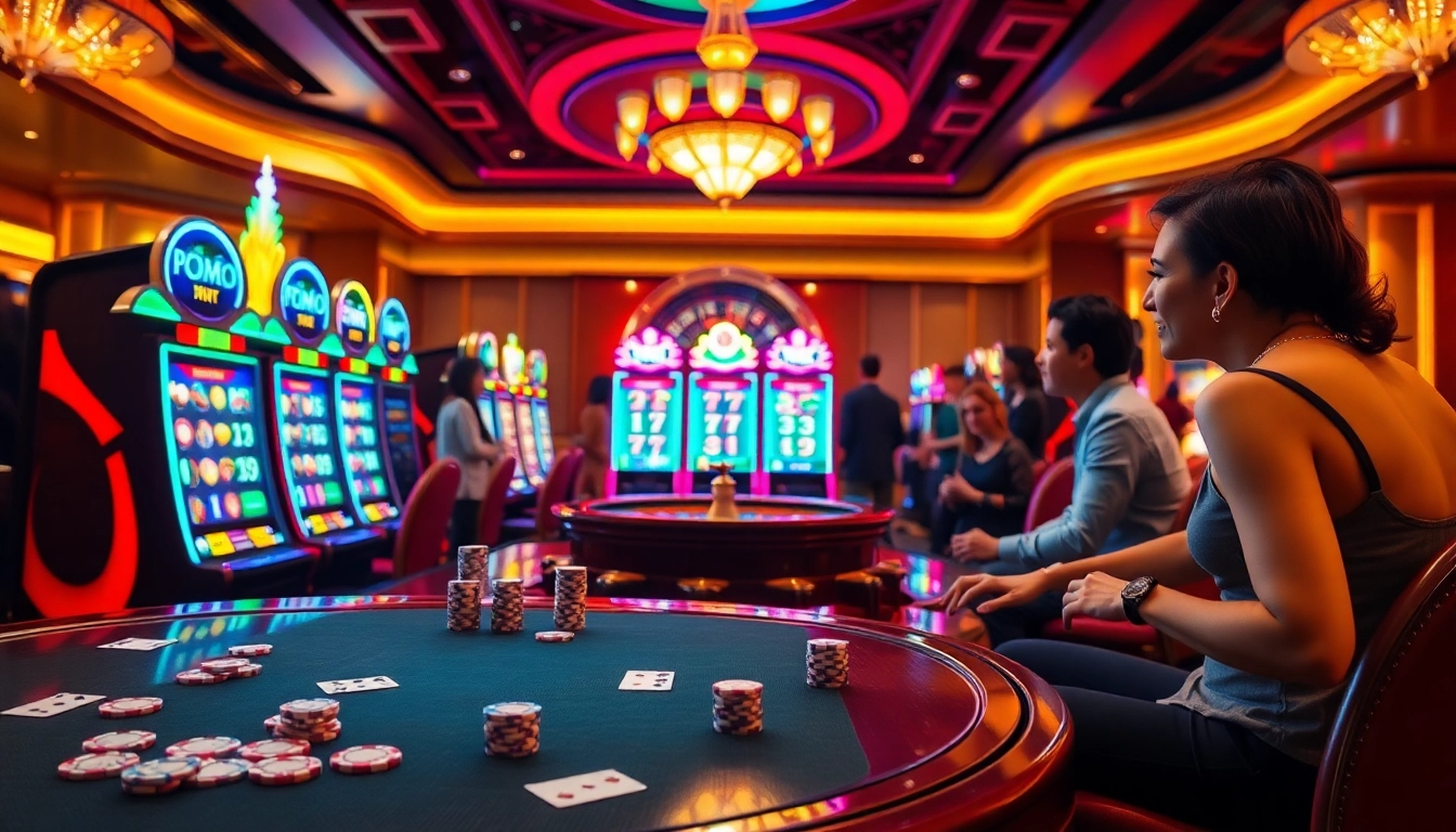 Exciting scene showcasing a demo slot machine in a vibrant casino environment with players engaged.
