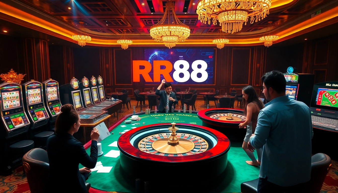 Experience the excitement of Nhà Cái RR88 through a luxurious online gambling scene with casino tables and slot machines.