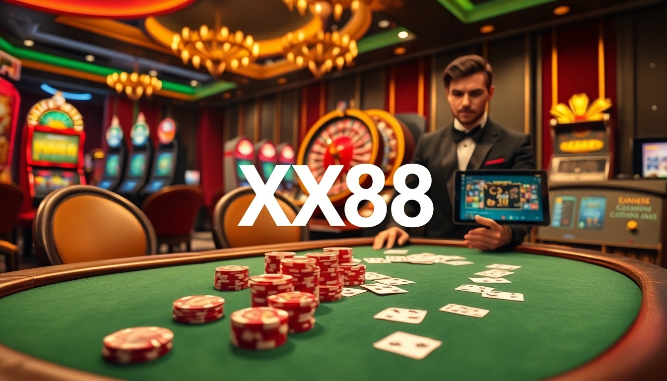 Exciting poker game at XX88 featuring vibrant chips and professional atmosphere