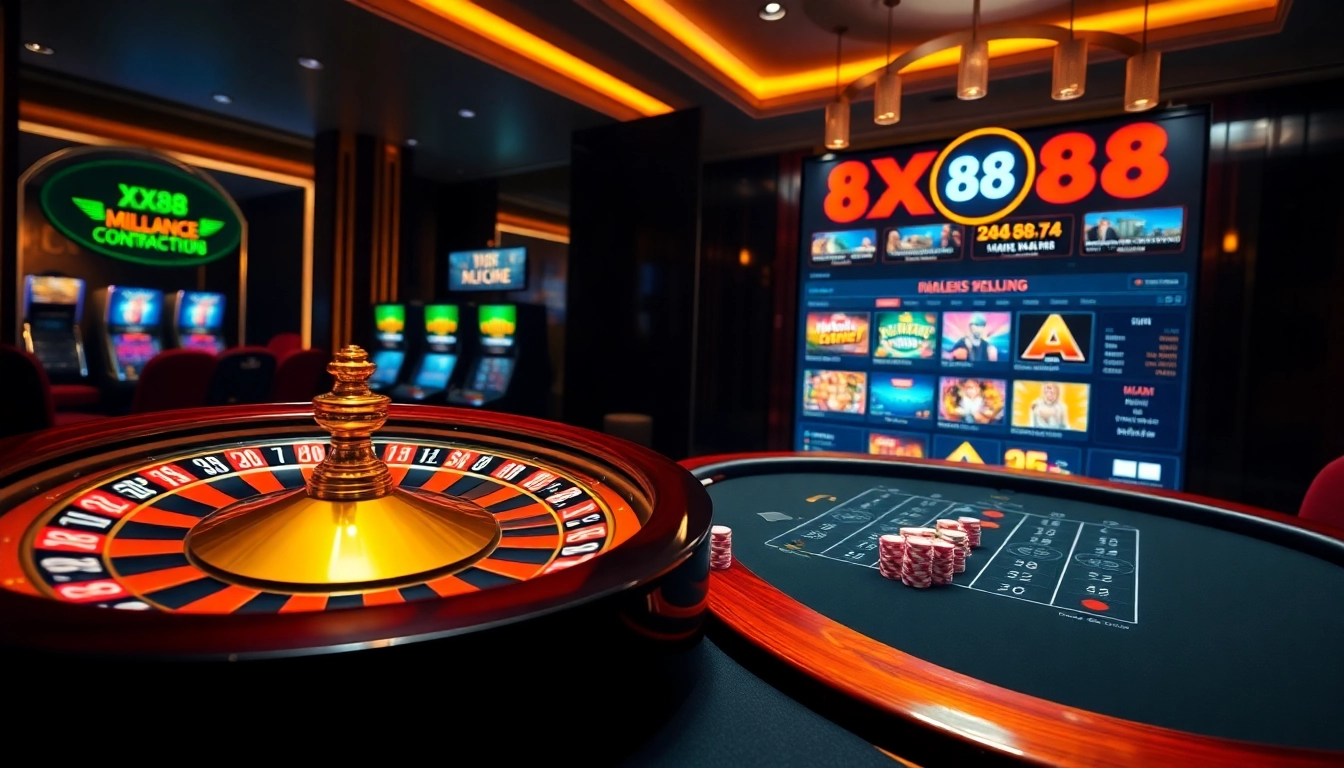 Engage in thrilling games at https://xx88.contractors/ with a stunning casino scene showcasing roulette and poker.