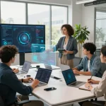 Team of professionals collaborating in an innovative workspace demonstrating juicy ai's capabilities through holographic displays.