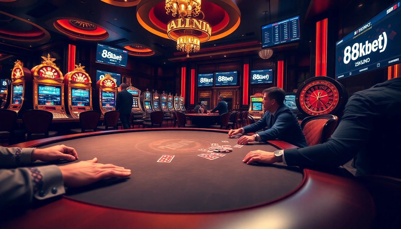 8kbet players enjoying a thrilling poker game in a luxurious casino environment.
