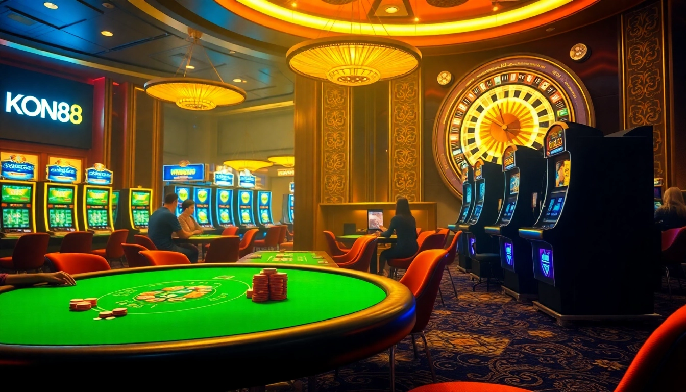 KONG88 casino scene with poker tables, slot machines, and a roulette wheel, showcasing vibrant gambling action.