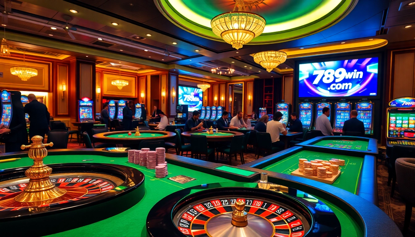 Engaging scene of players enjoying games at 789win com casino, featuring roulette wheels and poker chips.