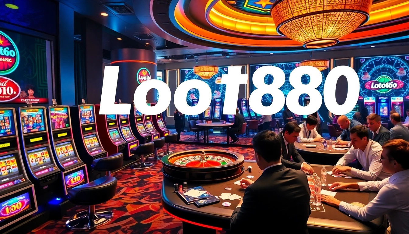 Exciting Loto188 casino scene with vibrant slot machines and high-stakes poker players.