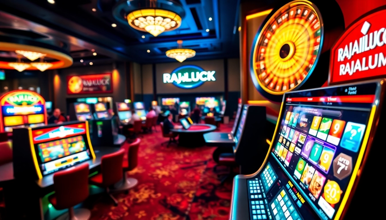 Players enjoying high-stakes games at RAJALUCK's vibrant casino environment featuring tables and slot machines.