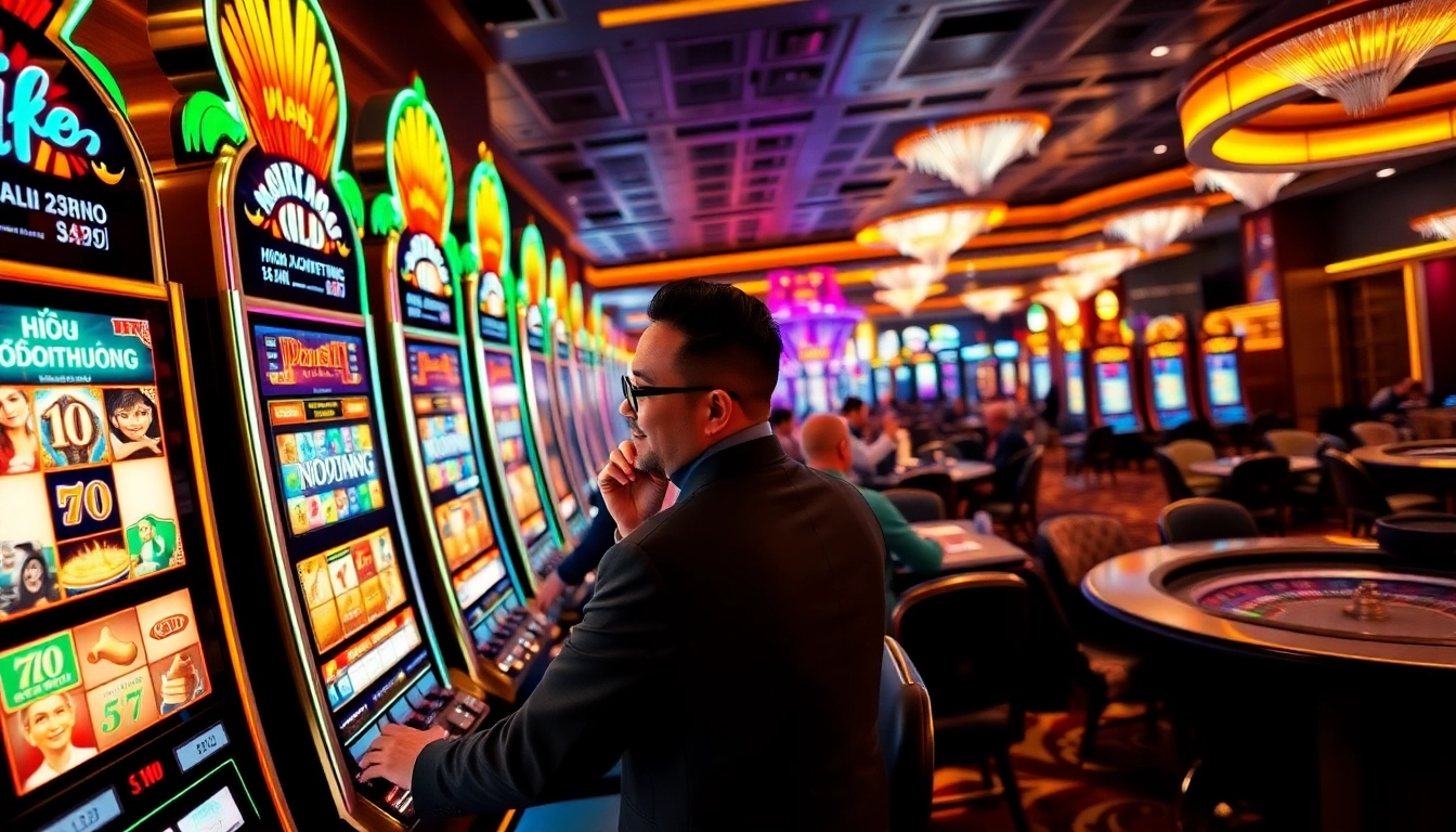 Nohudoithuong casino action with vibrant slot machines and excited players enjoying high stakes.