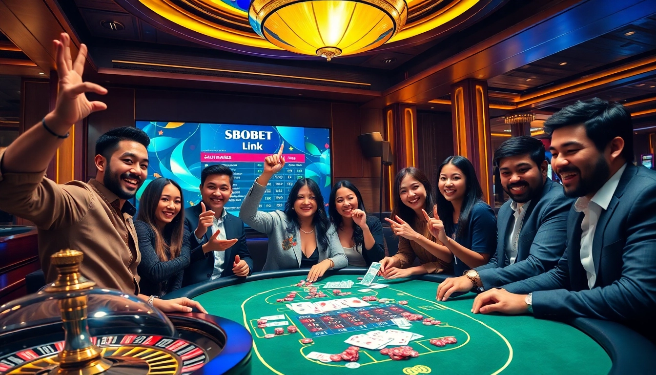 Engaging gamblers celebrating at a SBOBET link sports betting table in a luxurious casino atmosphere.