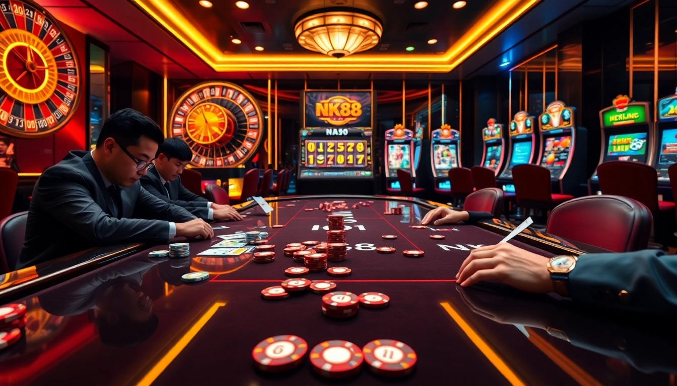 Engaging strategic gameplay at nhà cái NK88 poker table with professional betting chips and live odds display