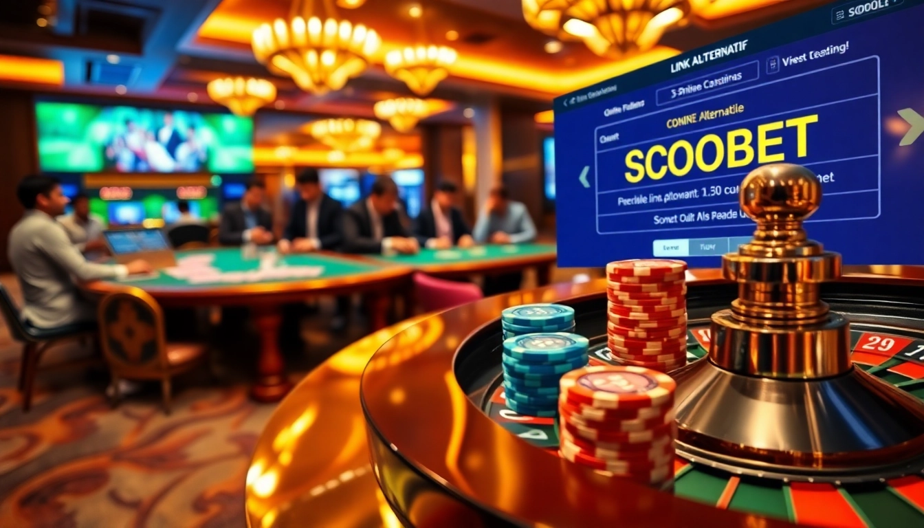 An engaging scene showing sbobet link alternatif in an exciting casino environment with players betting at a roulette table.