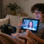 Engaging ai sex chat scene with user interacting with AI character in a cozy private room setting.