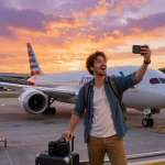 Traveler standing beside American Airlines 789P aircraft at sunset, capturing travel excitement.
