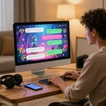 Engaging in ai sex chat on a modern computer setup, showcasing vibrant conversations and intimate virtual backgrounds.
