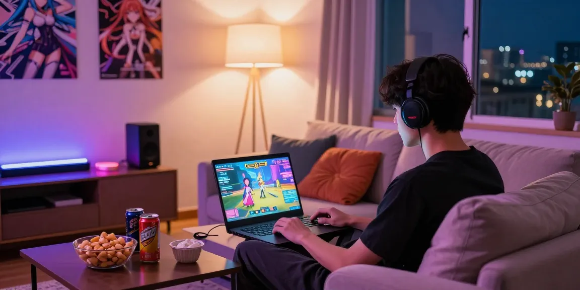 Engaged player enjoying an ecchi game in a cozy living room environment with snacks and colorful gameplay.