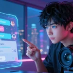 User engaging in AI hentai chat with a vibrant anime character in a futuristic setting, showcasing interactive digital features.
