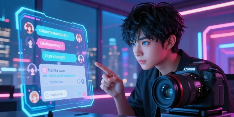 User engaging in AI hentai chat with a vibrant anime character in a futuristic setting, showcasing interactive digital features.