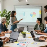 Collaborating small business owners discussing strategies in a modern workspace
