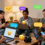 Interactive scene of diverse users engaging in nsfw chat in a lively home setting.