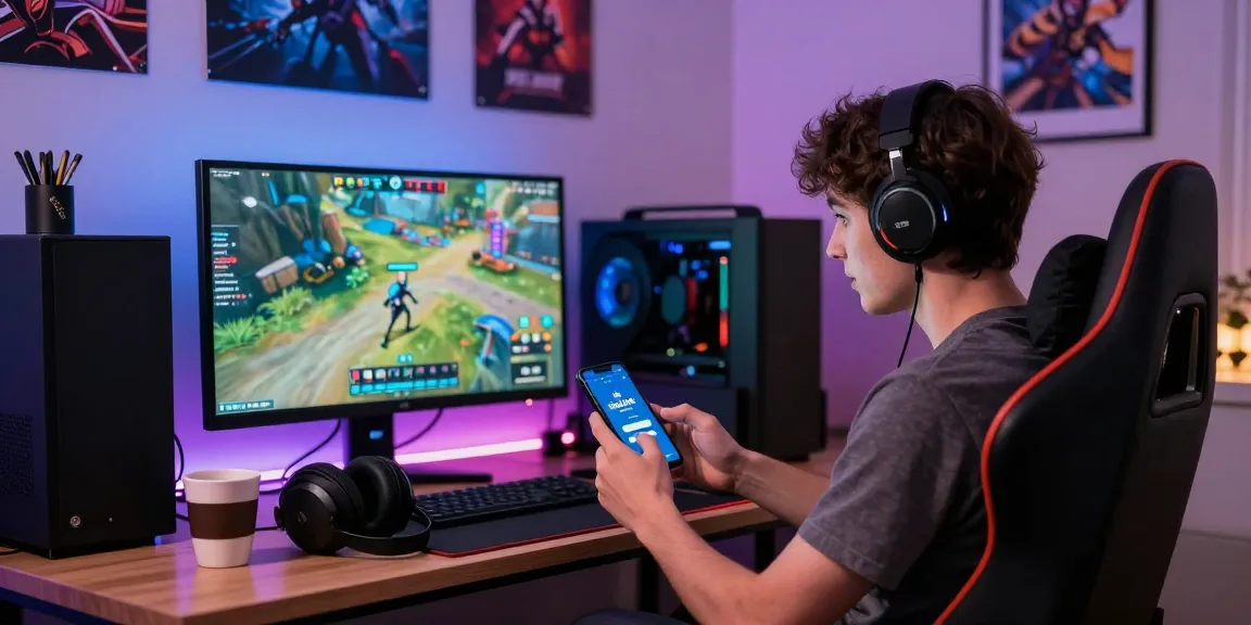Raja Game login on smartphone in a vibrant gaming setup with dual monitors and gaming gear