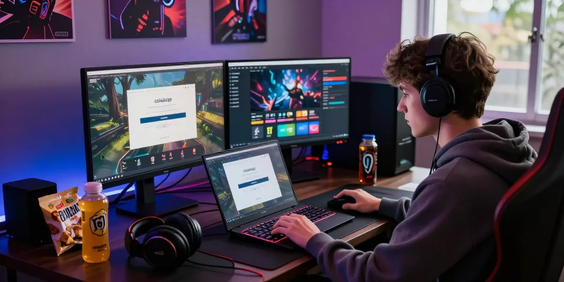 Focused gamer at coloksgp login page with vibrant gaming setup and dual monitors.