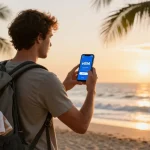 Global traveler with a second number eSIM enjoying sunset on the beach